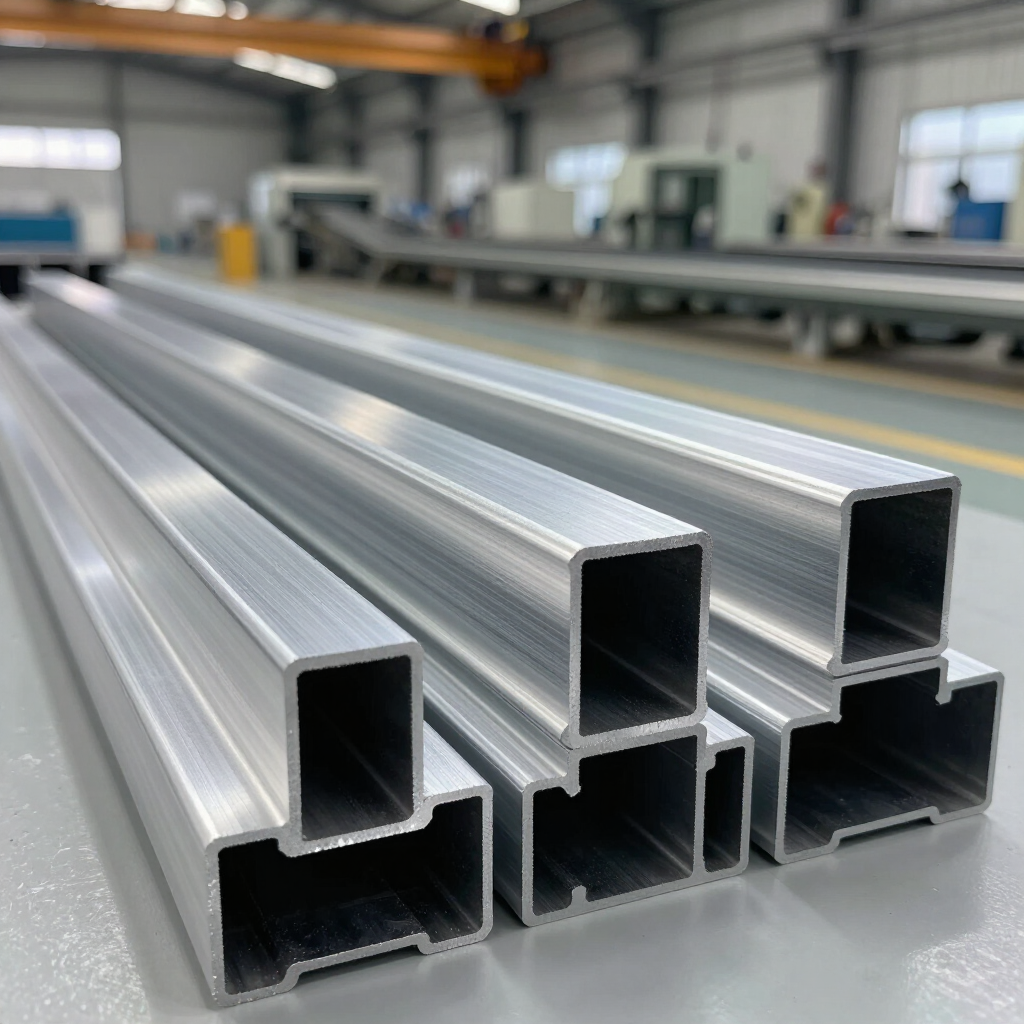 Stacked silver aluminum extrusion profiles in a workshop