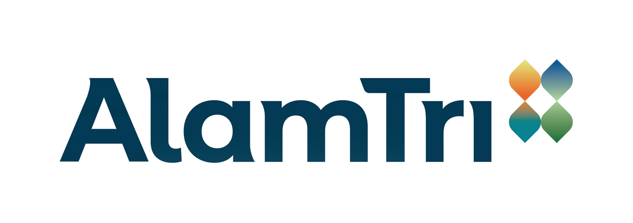 AlamTri logo with dark blue text and a multicolored diamond icon