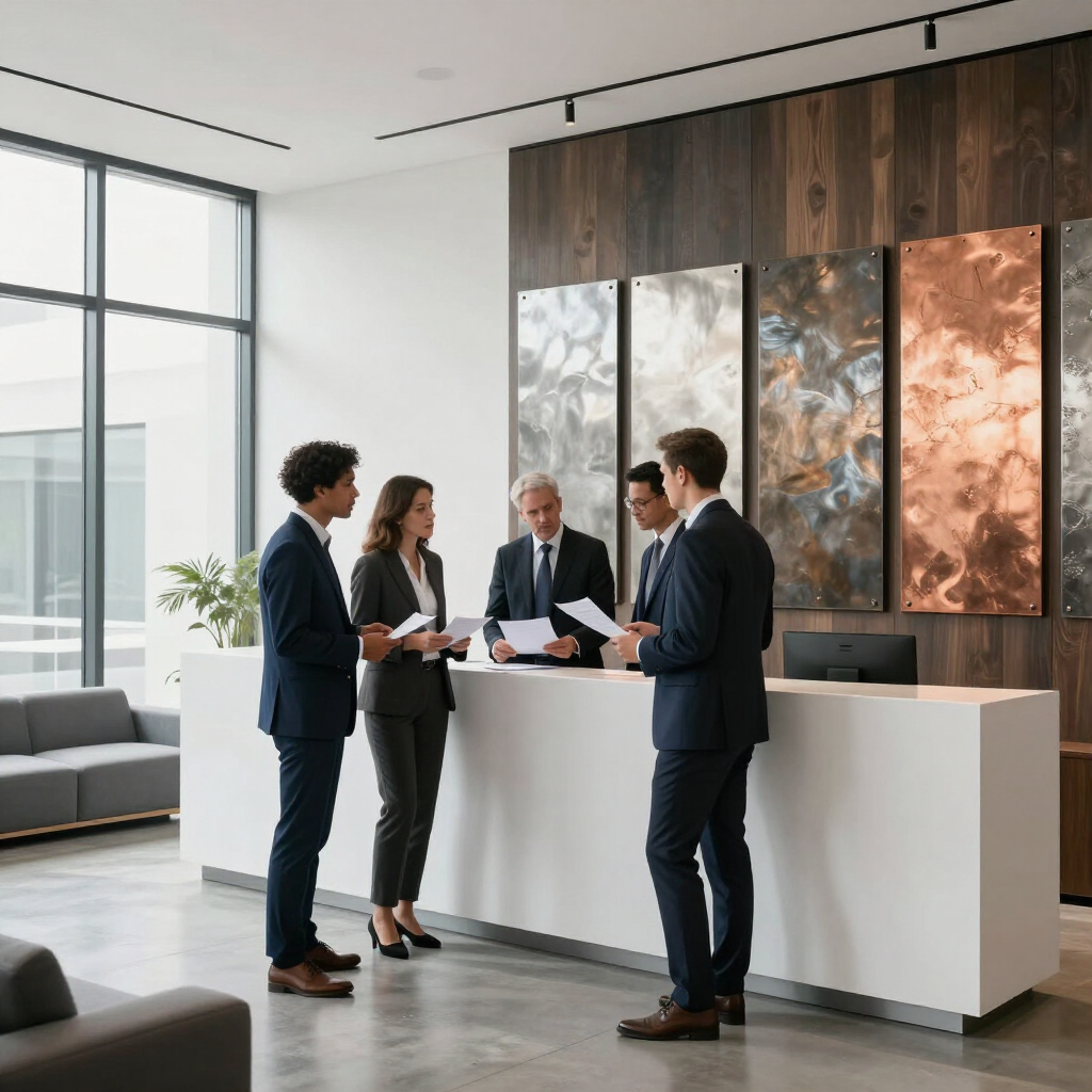 Four professionals discuss documents in a modern office lobby with abstract wall art.