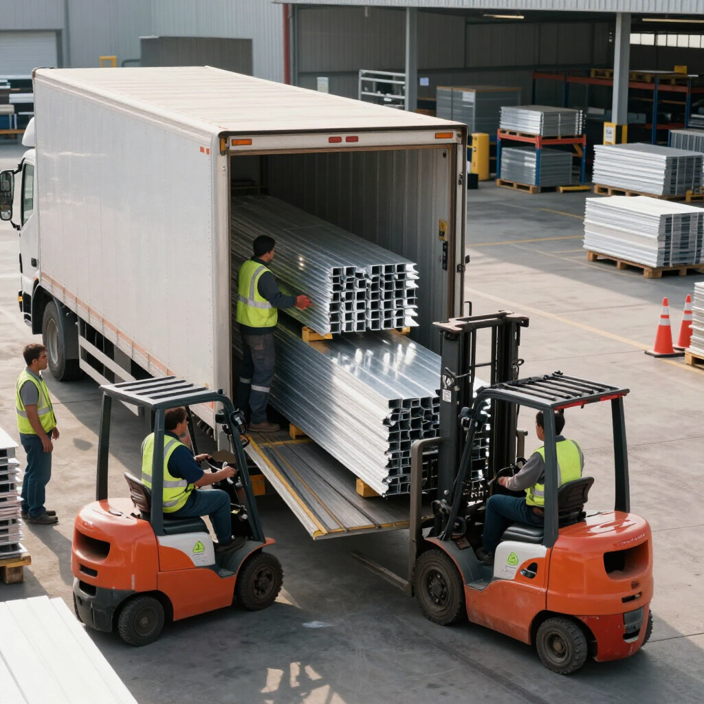 Two forklifts unloading stacked metal beams from a box truck at a warehouse dock