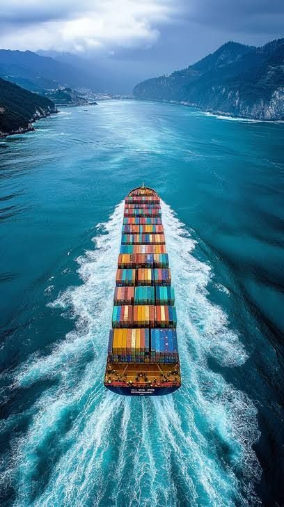 Cargo ship cutting through blue fjord waters between steep mountains