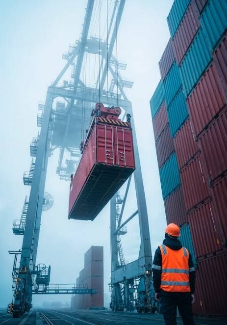 Cargo container being lifted by crane at a foggy shipping port, with a worker in an orange vest nearby