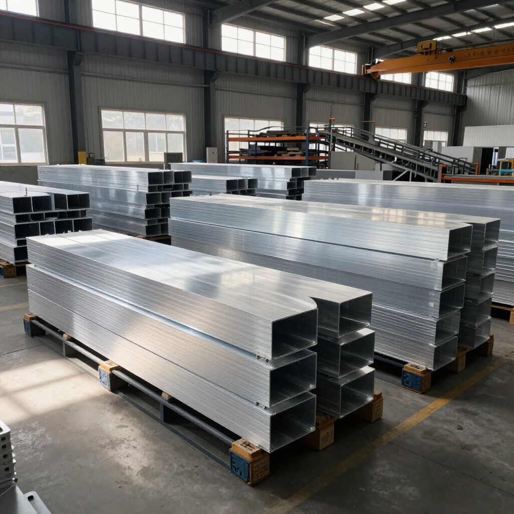 Stacks of silver metal beams stored on pallets in a warehouse with a conveyor in the background