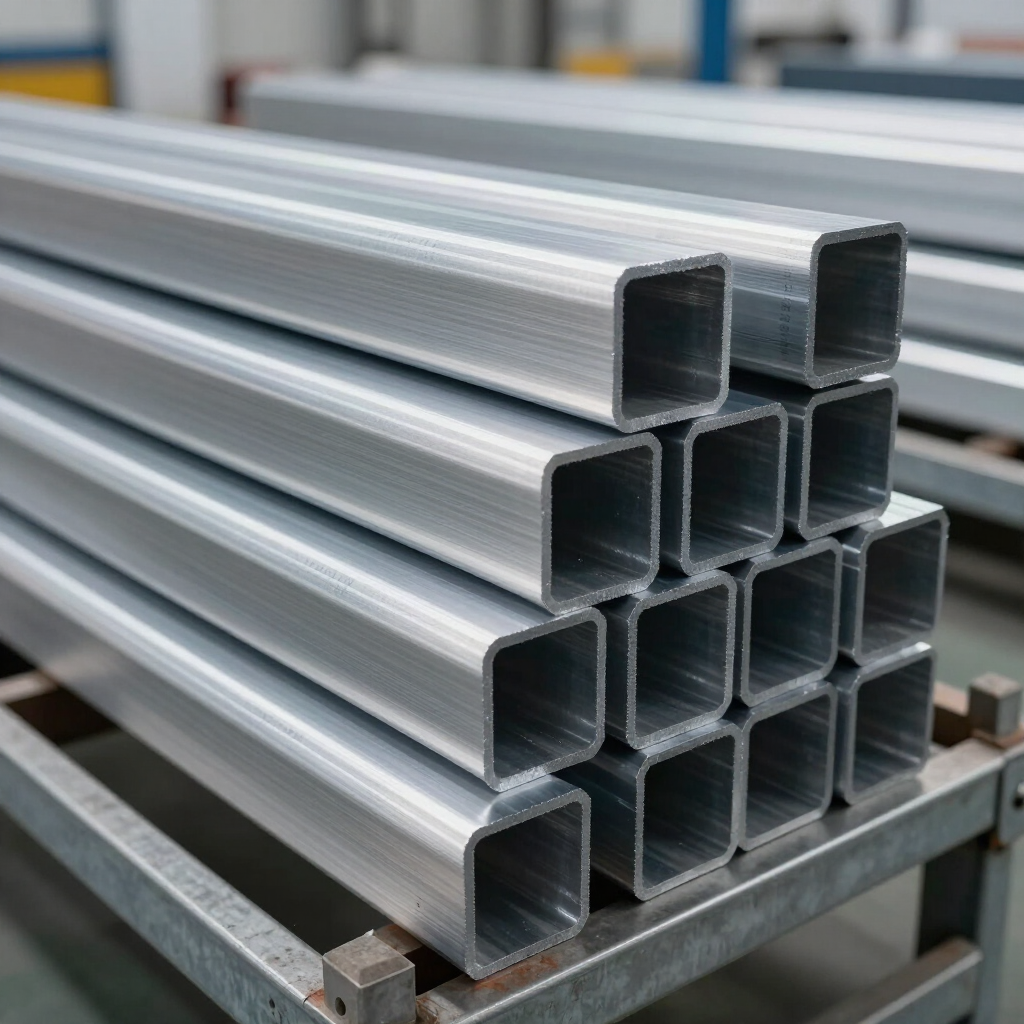 Stacked silver metal square tubes on a rack in an industrial setting