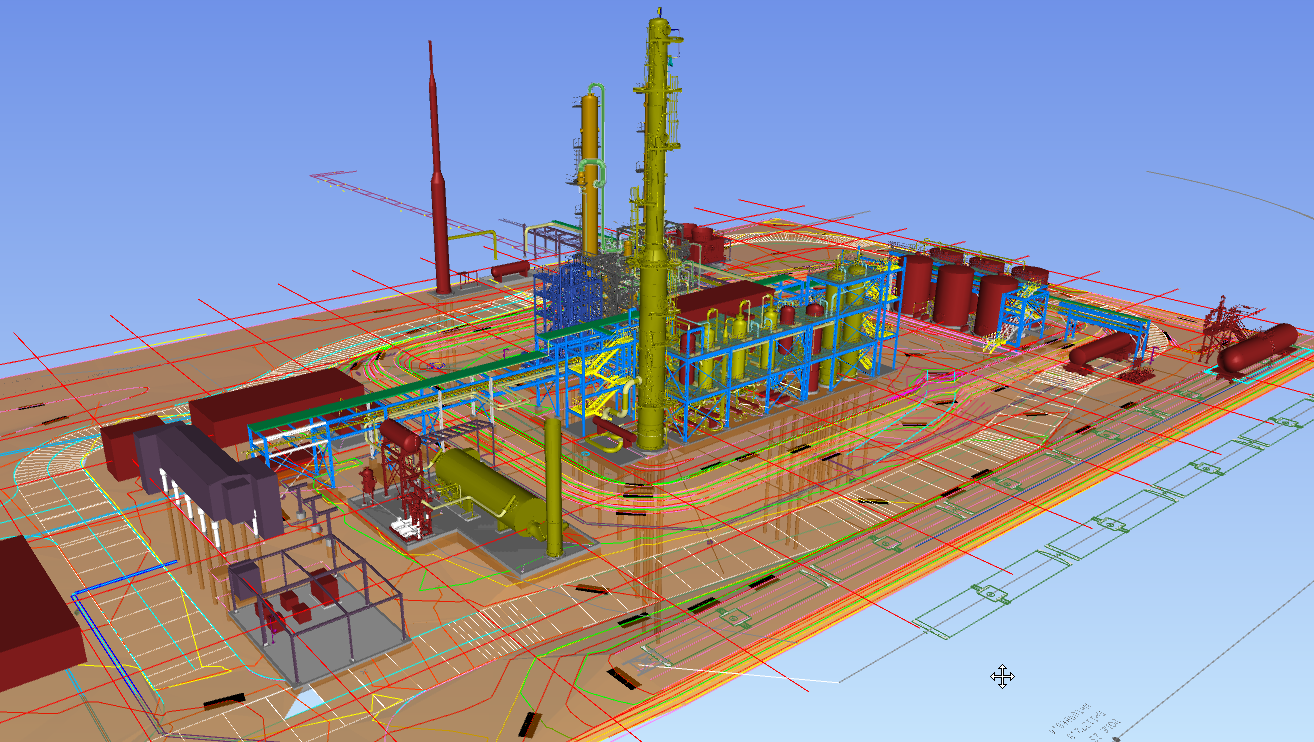 A 3d model of a factory with a blue sky in the background.