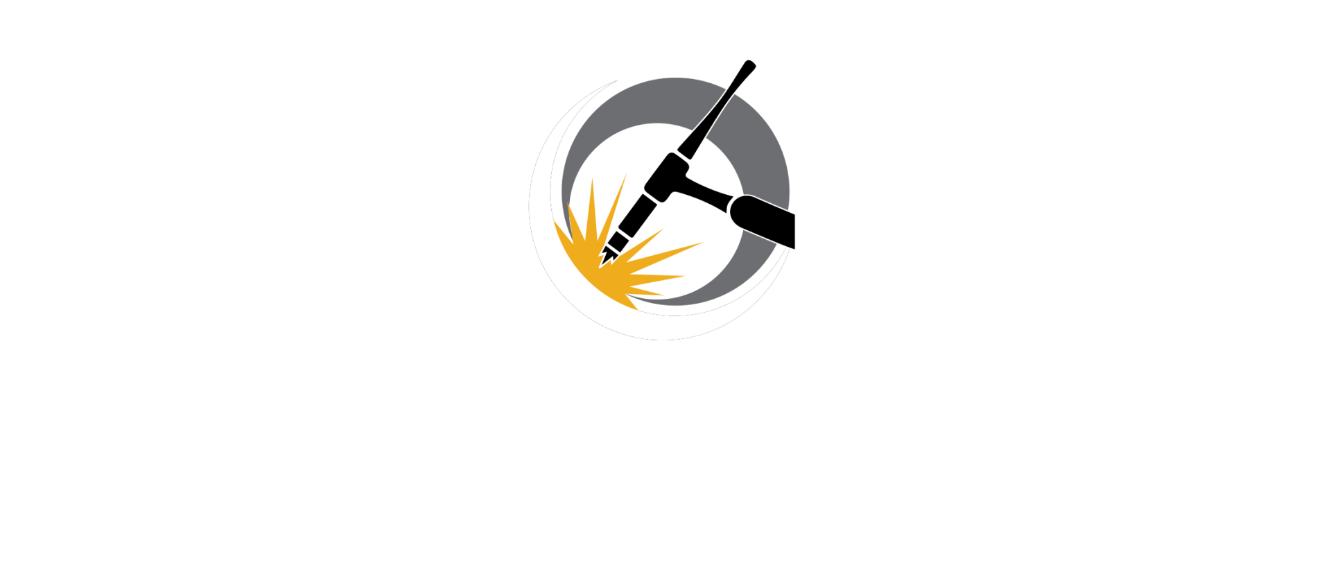 A logo for a welding company with a welding machine in a circle.