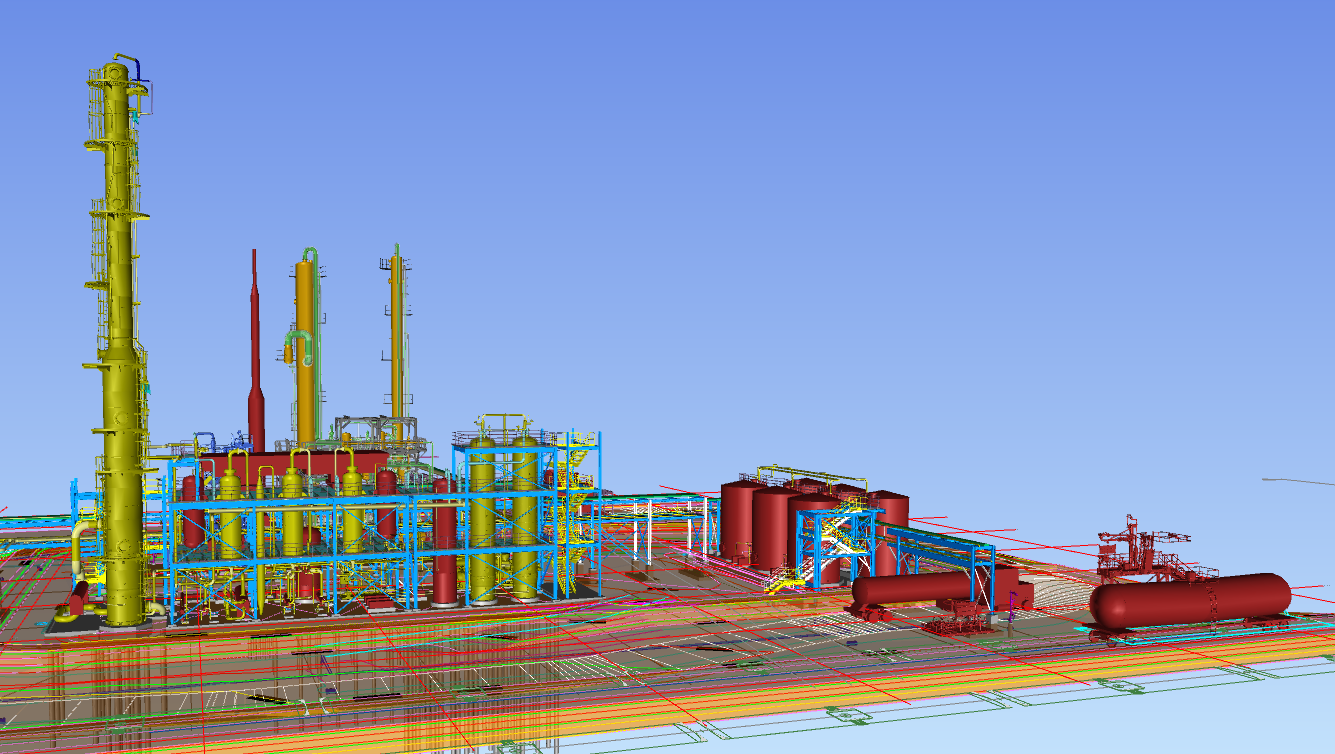 A computer generated image of an oil refinery with a blue sky in the background.