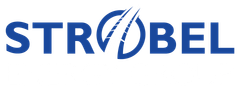 The strobel logo is blue and white on a white background.