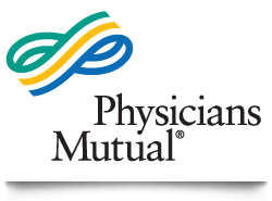 The physicians mutual logo has a blue , yellow , and green infinity symbol.