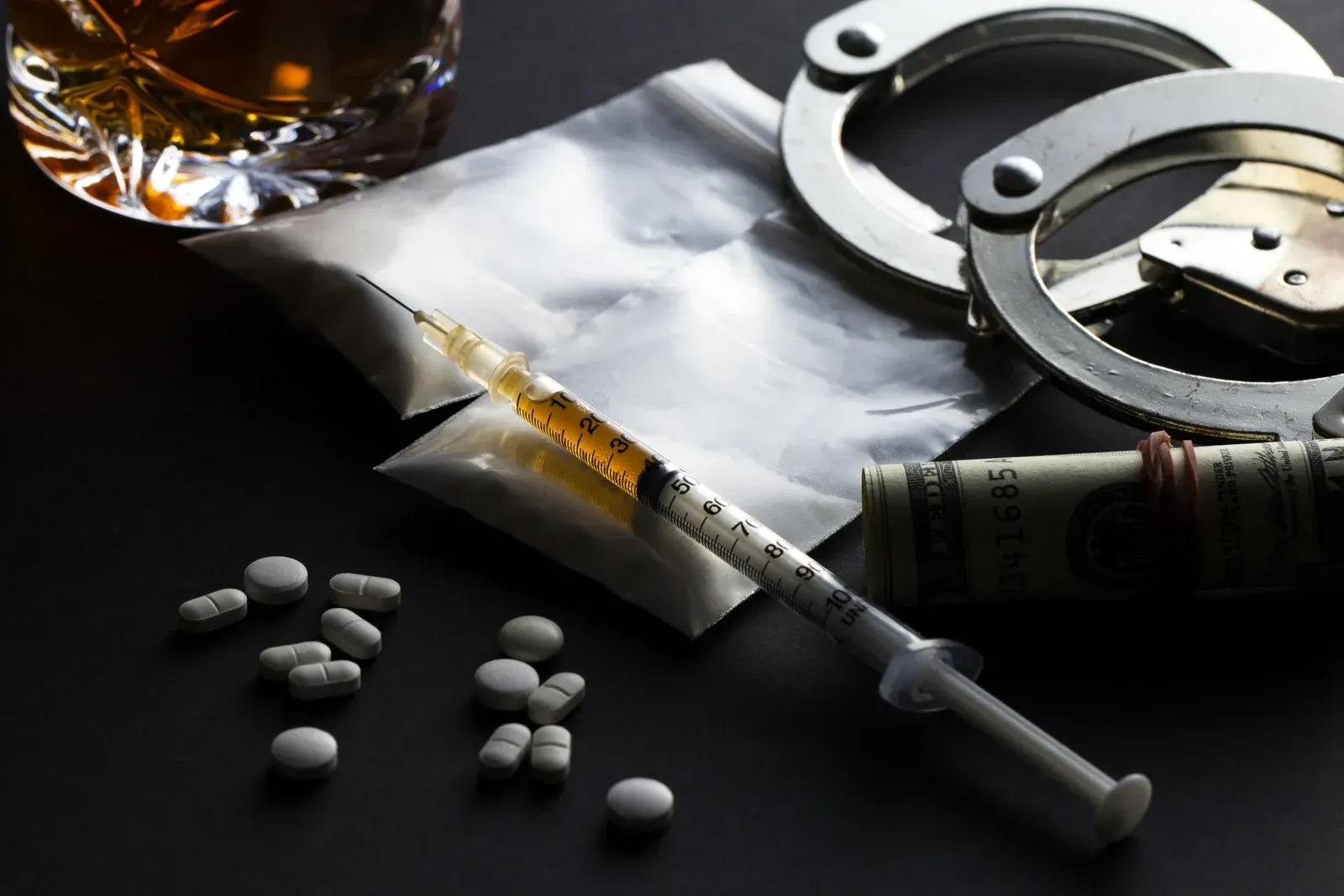 A syringe , pills , handcuffs , and a glass of whiskey on a table.