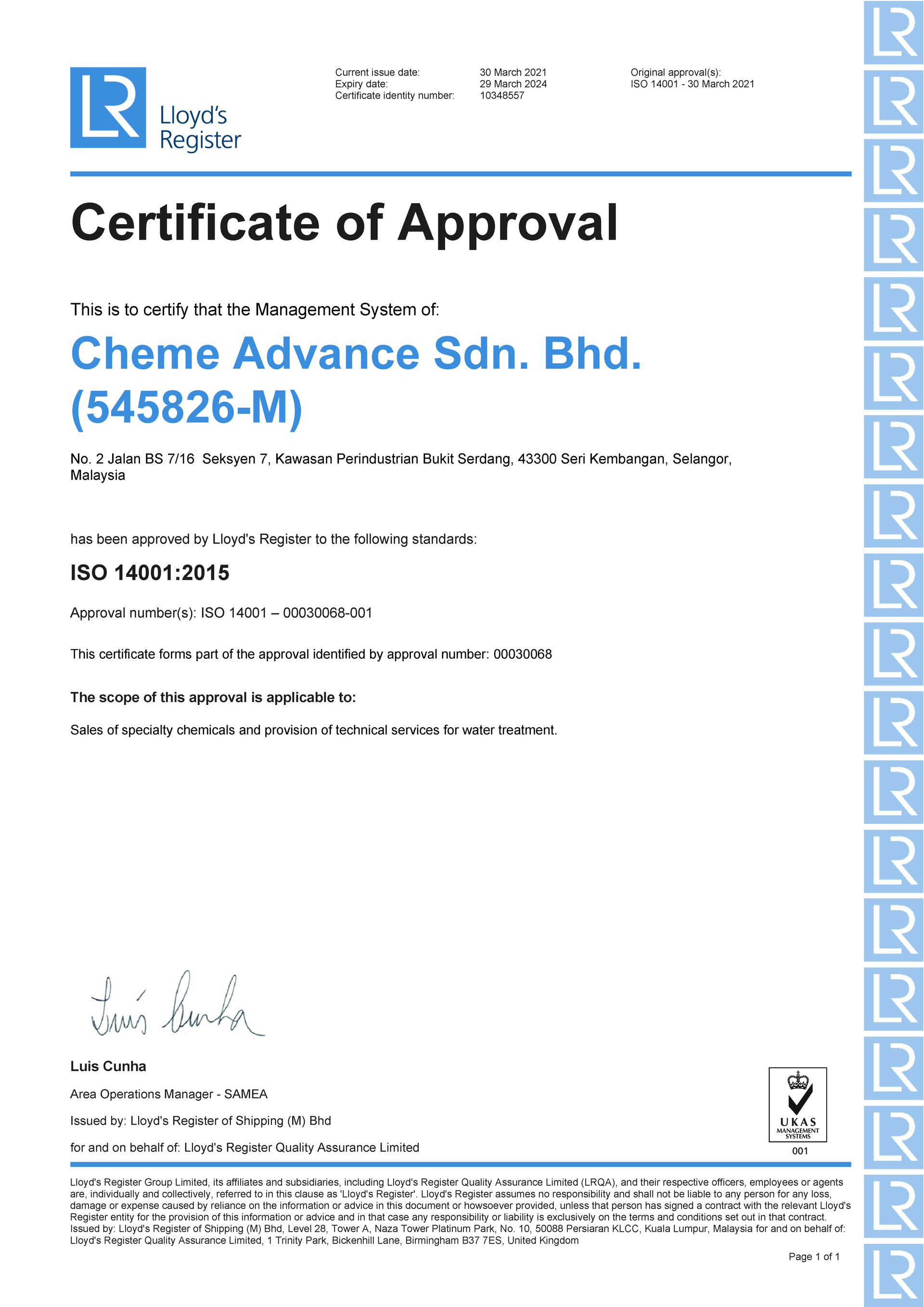 Certificate of Approval document with blue header for Cheme Advance Sdn. Bhd. and handwritten signatures