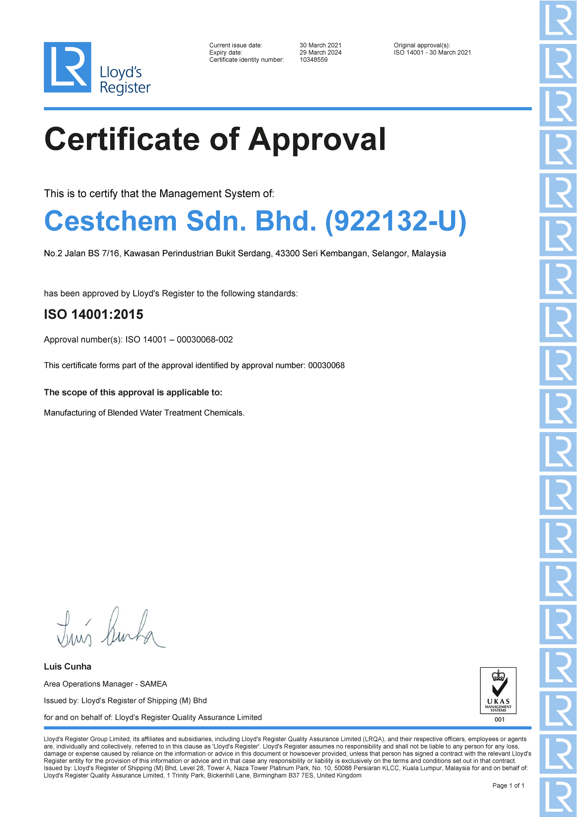 Certificate of Approval document for Cestchem Sdn. Bhd., with blue accents and official logos