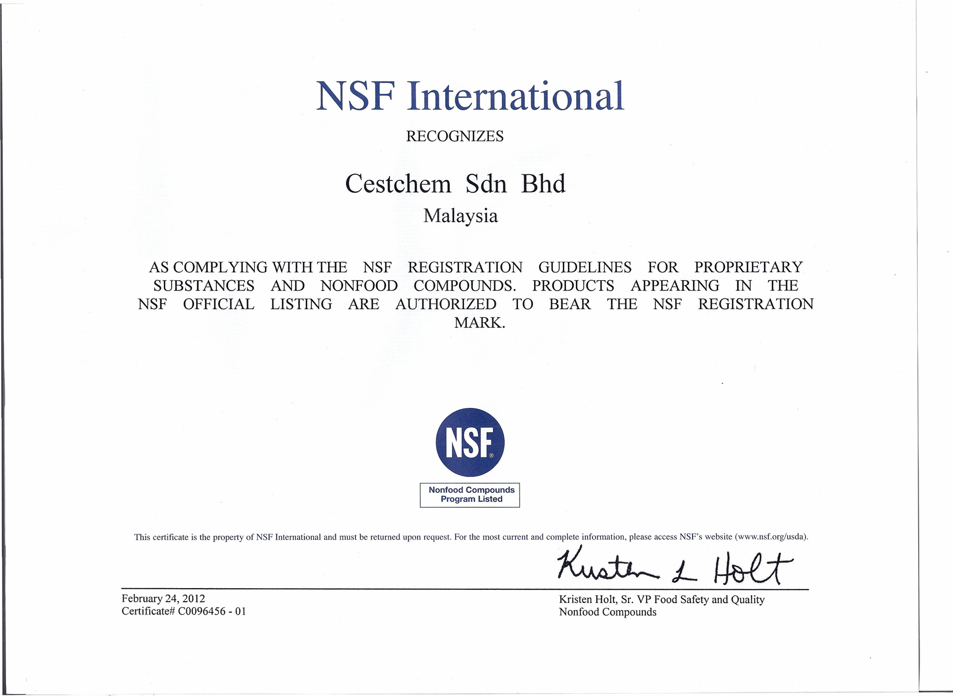 NSF International certificate document for Cusbam Sdn Bhd with NSF logo and signature
