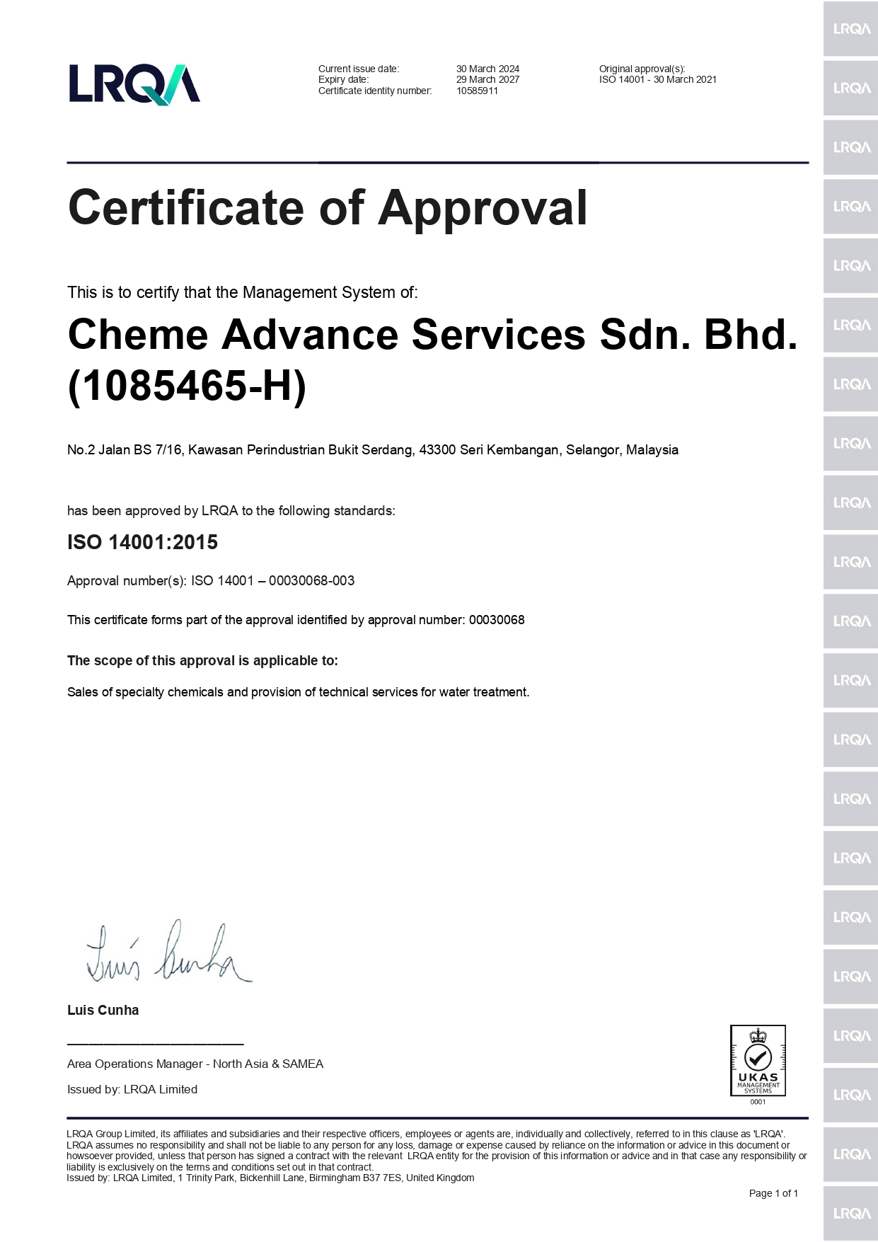 Certificate of Approval document from LROA for Cheme Advance Services Sdn. Bhd. with logo and signature