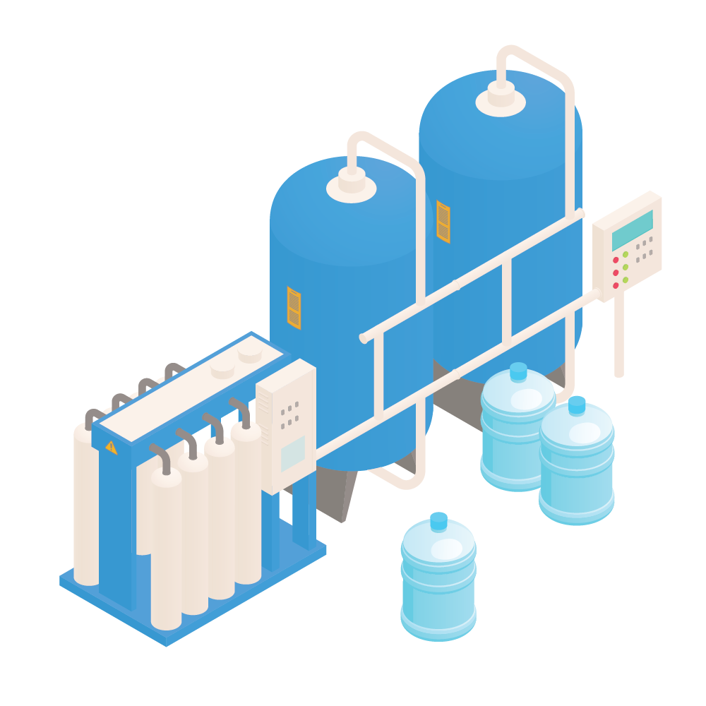 Industrial water treatment tanks with pipes, filters, and blue barrels in a clean factory illustration