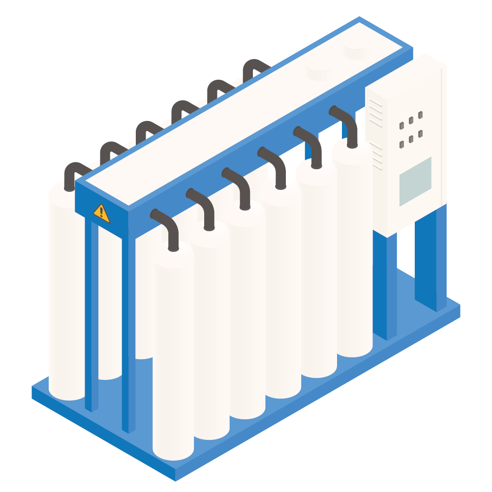 Blue industrial machine with hanging white curtains, shown in an isometric view