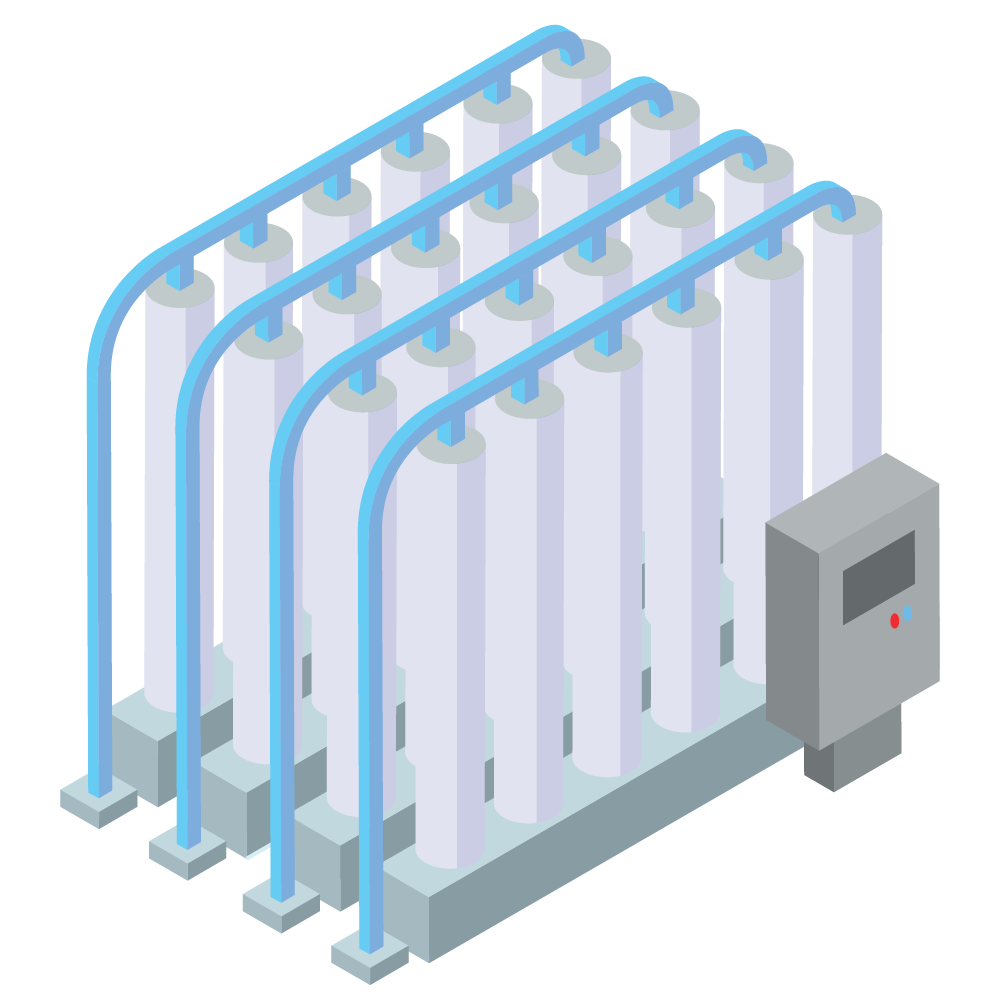Automated laundry folding machine with blue tubes and gray control box