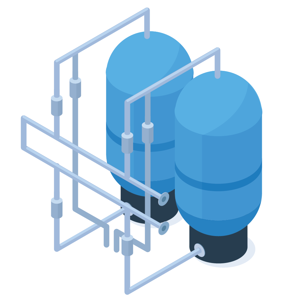 Two blue industrial tanks connected by white piping and valves