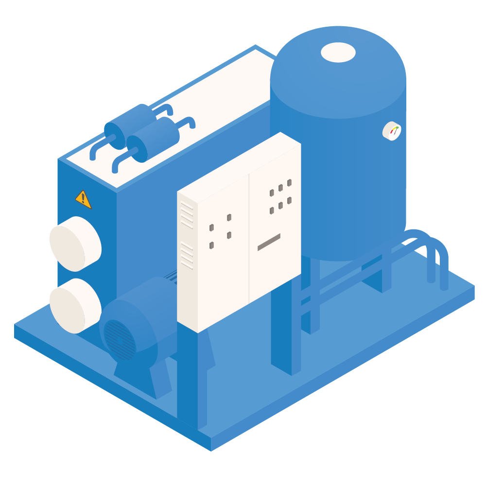 Blue industrial machine with a white control panel and cylindrical tank on a base platform