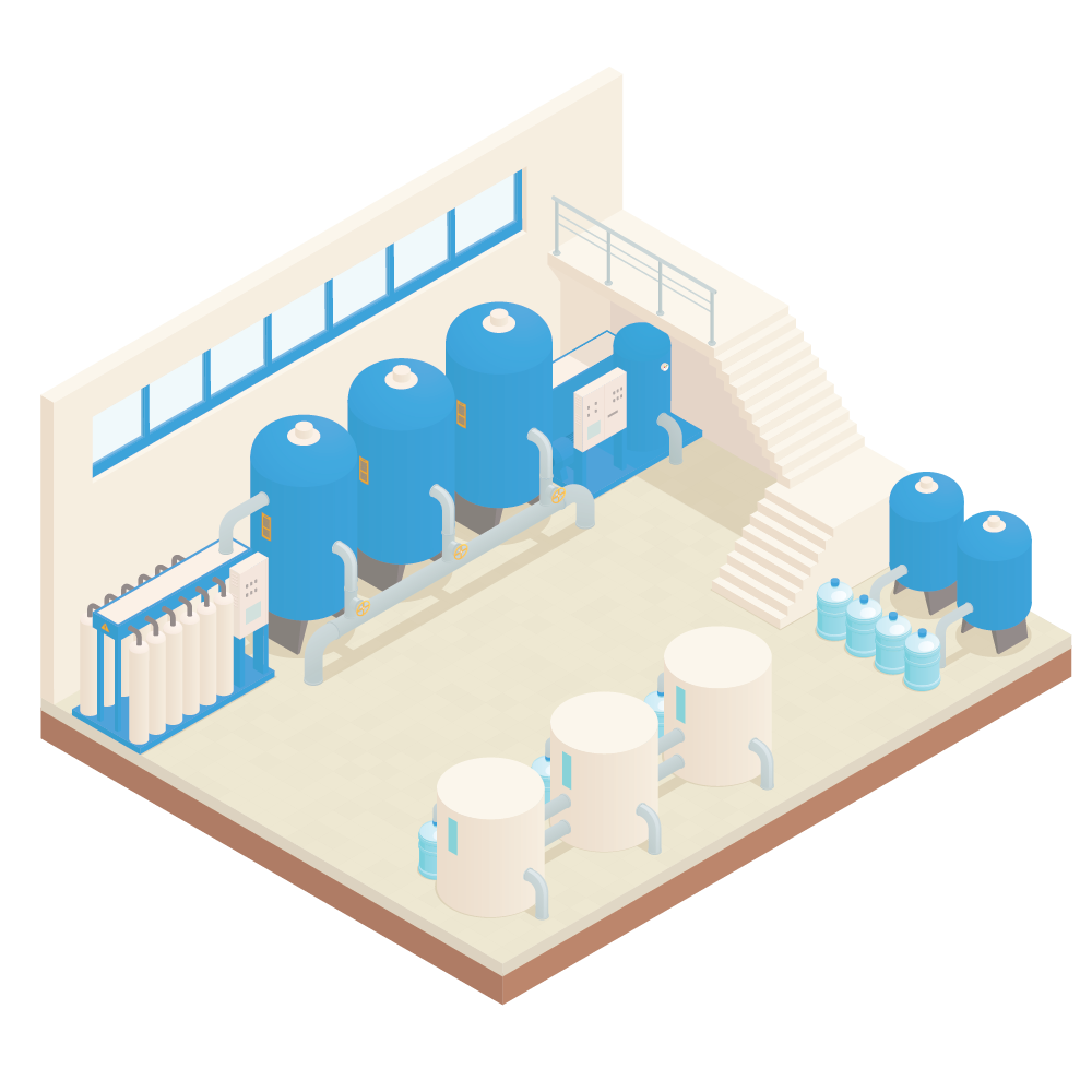 Isometric industrial plant with blue tanks, pipes, stairs, and white storage drums in a clean facility
