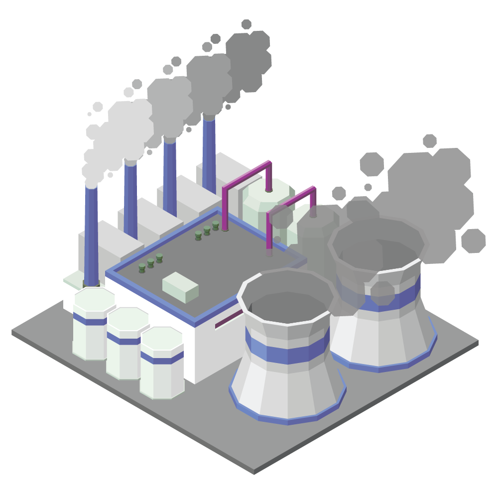 Industrial plant with smokestacks and cooling towers emitting gray smoke