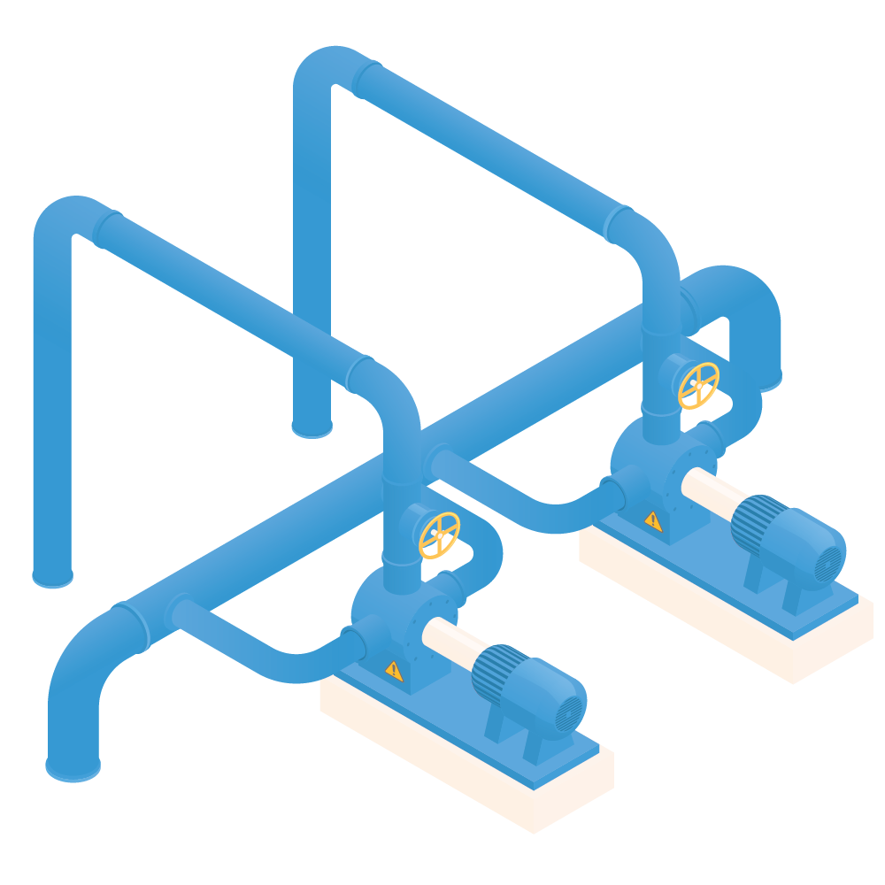 Blue industrial pumps with pipes and valves on a white background