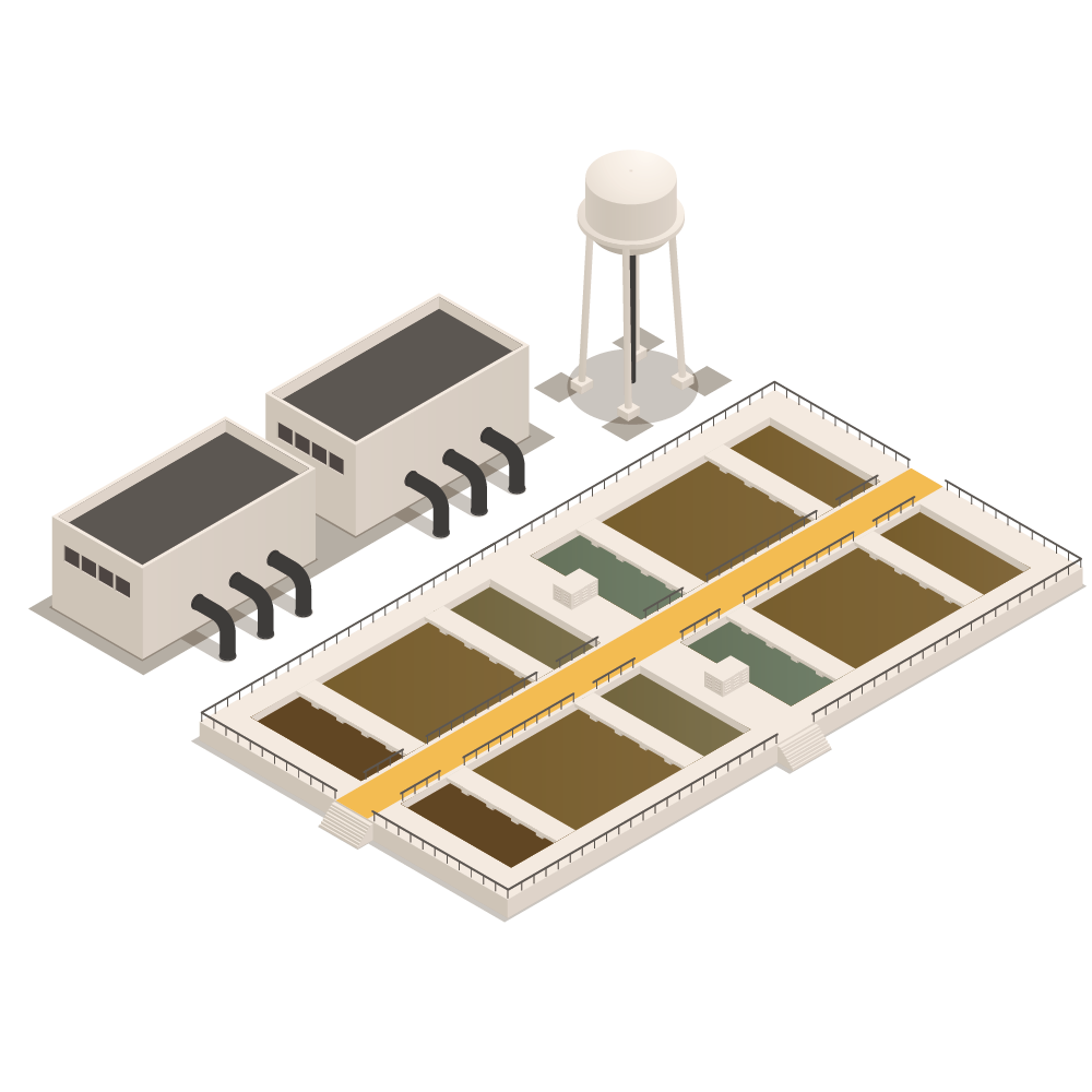 Isometric solar power station with rooftop panels, battery units, and a water tank