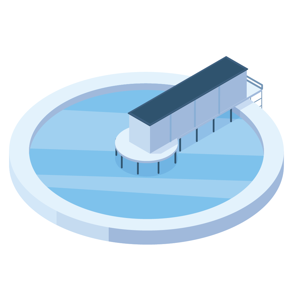 Isometric blue water treatment tank with a raised walkway or platform over a circular basin