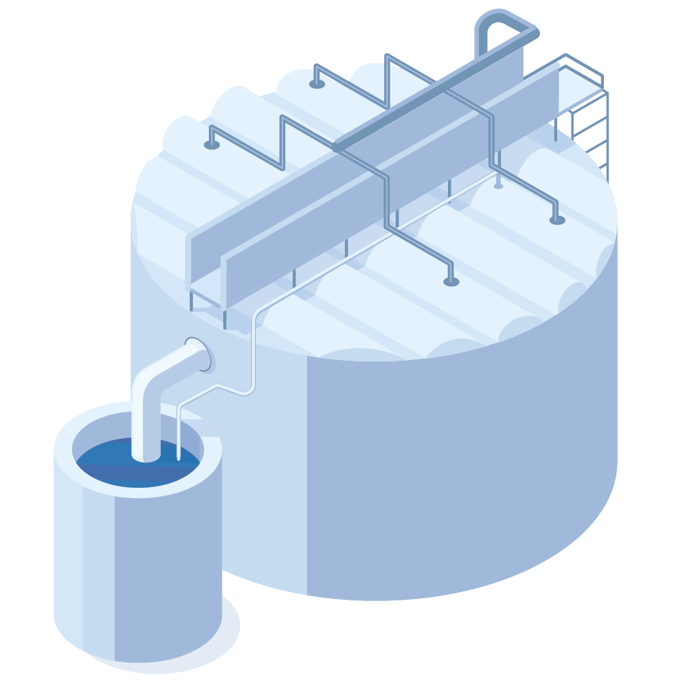Industrial water tank with pipes and a raised platform in pale blue tones