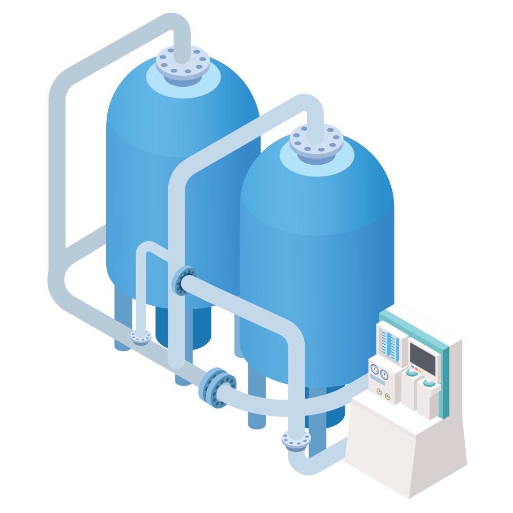 Two blue industrial tanks with connected white pipes and a control panel
