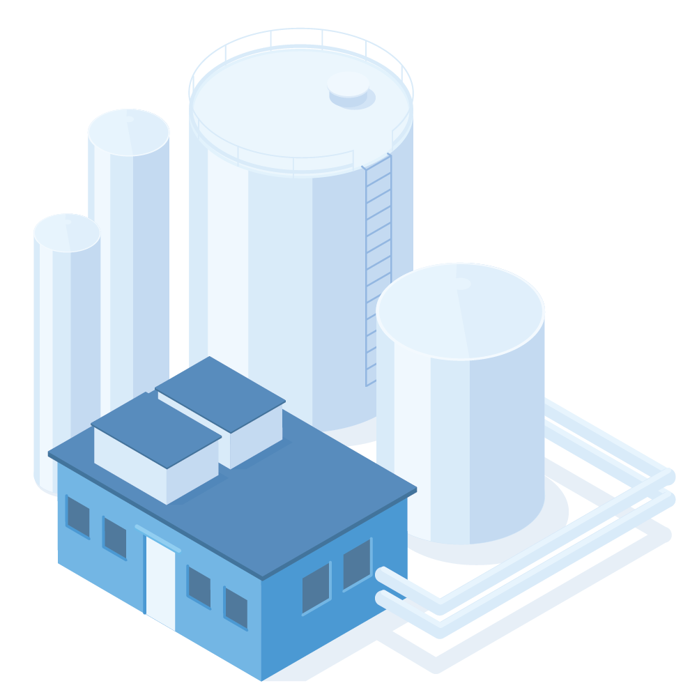 Blue industrial buildings and storage tanks connected by white pipelines