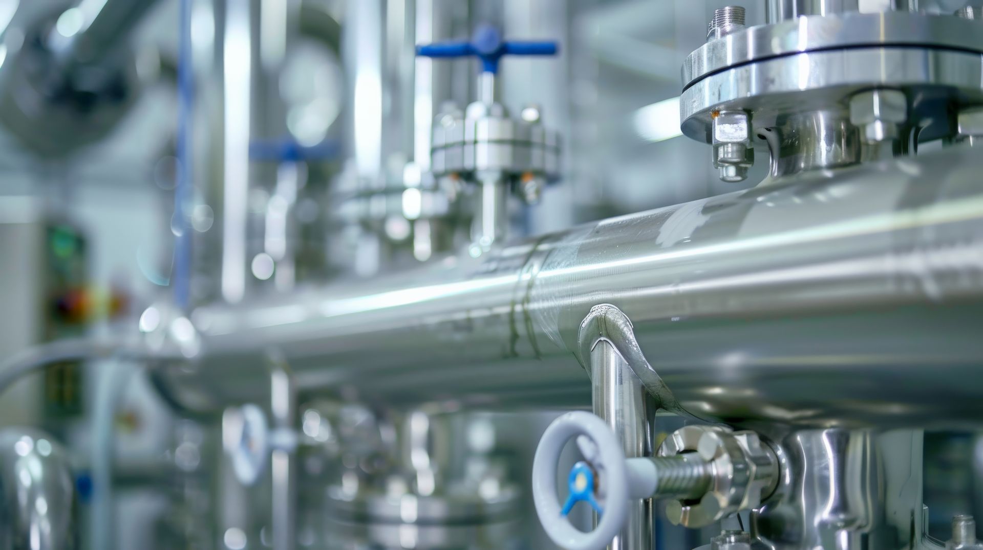 Stainless steel industrial pipes and valves in a factory or processing plant, with blue-handled fittings.