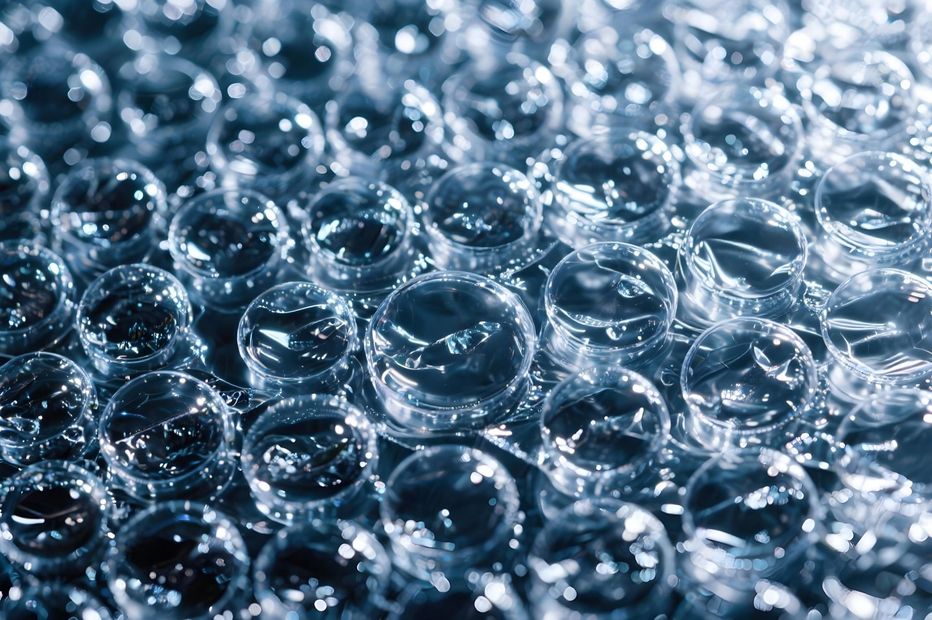 Close-up of clear water droplets on a textured surface, reflecting light in blue tones