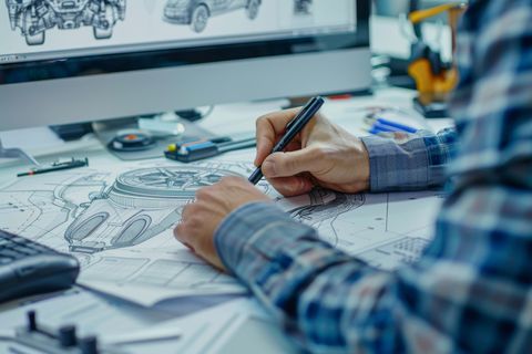 Hands sketching a technical drawing on blueprints at a desk with design tools and a monitor nearby