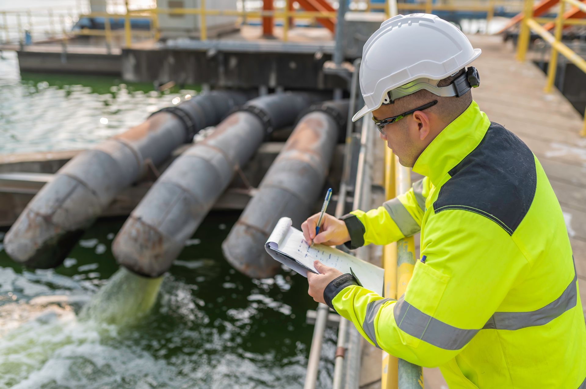 Worker in high-visibility jacket and hard hat inspecting water discharge pipes at a treatment facility