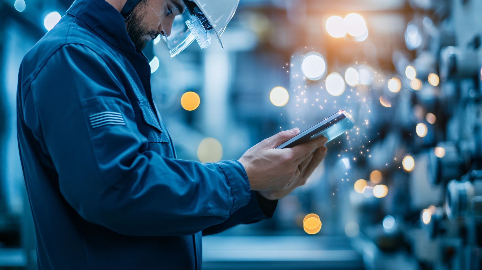 Person in blue jacket using a tablet in a blurred industrial setting with bright lights