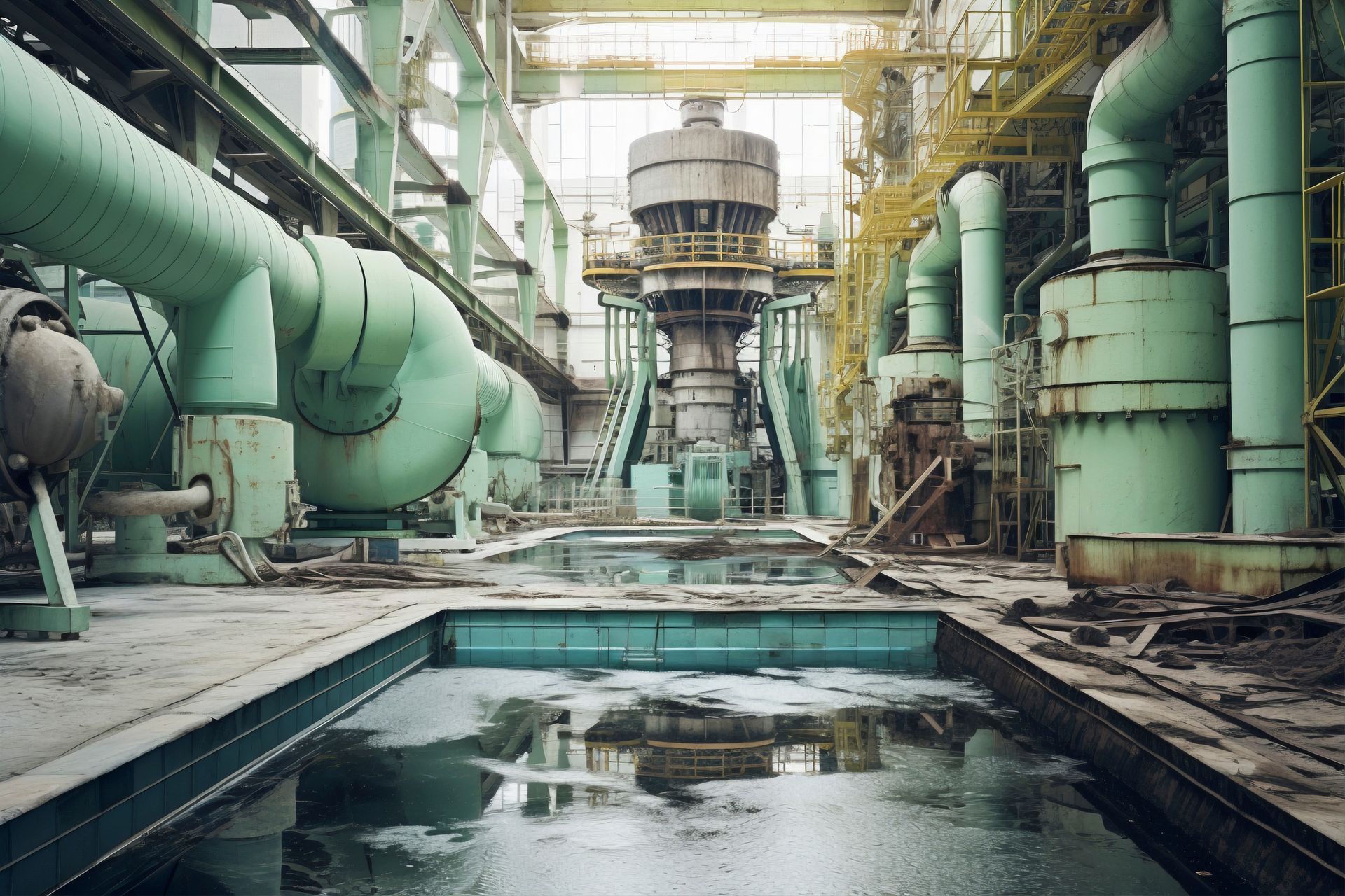 Abandoned industrial plant with large green pipes, tanks, and a reflective water channel.