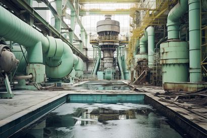 Abandoned industrial plant with large green pipes and a reflective puddle on the floor