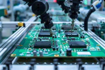 Automated assembly line placing components on a green circuit board