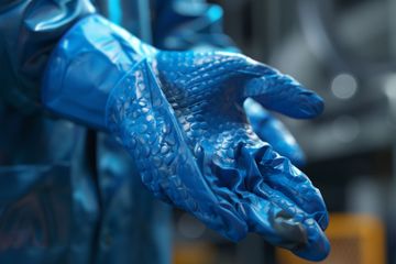 Blue gloved hands holding small white plastic pieces in an industrial setting