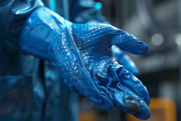 Blue-gloved hands coated with wet soap or gel, shown close-up in a laboratory setting