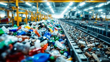 Sorting line with piles of plastic bottles and recycling debris in an industrial facility