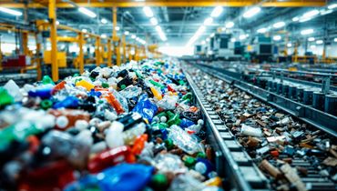Garbage and plastic bottles on a conveyor in a recycling plant, with machinery in the background.