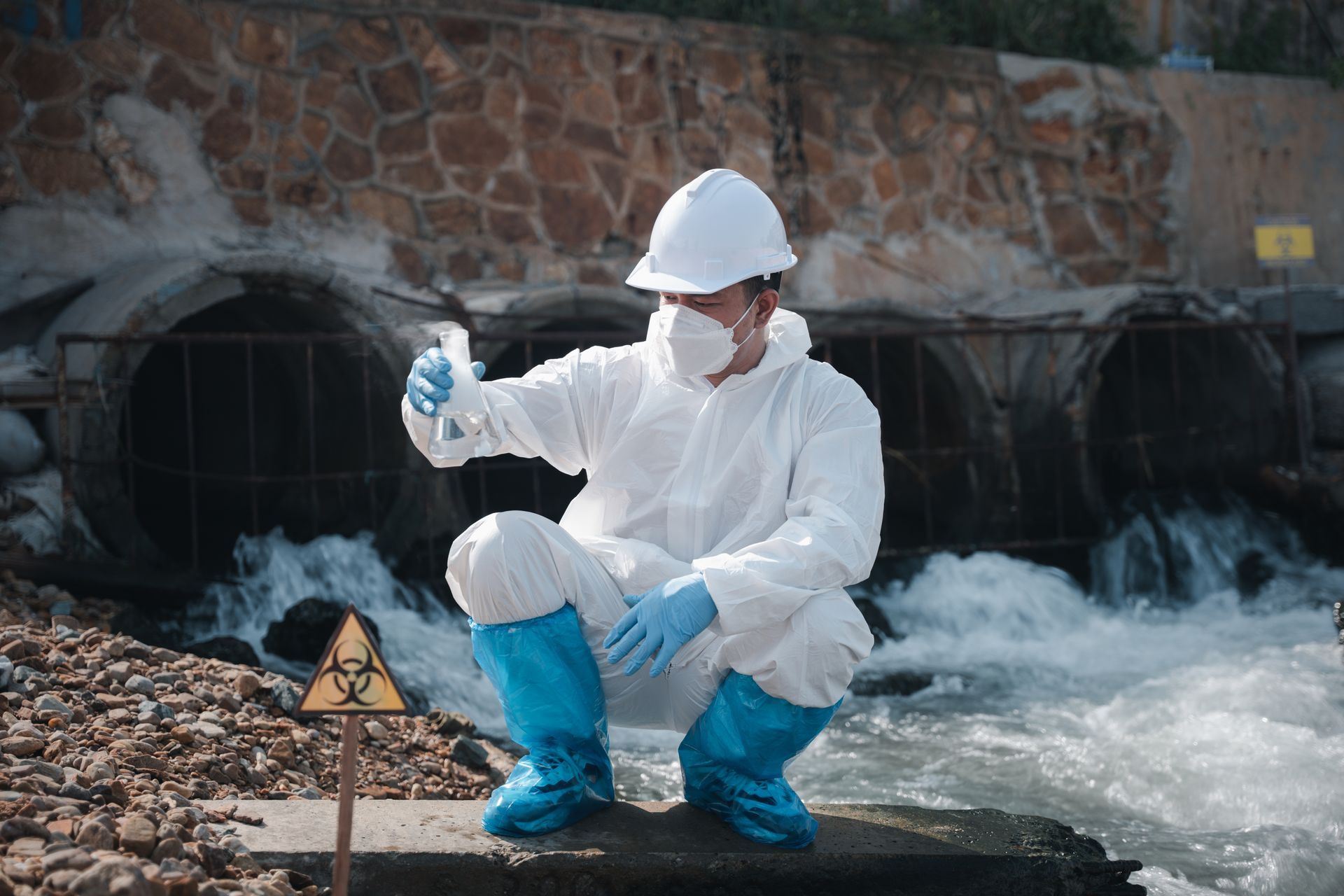 Worker in white protective suit kneeling by a river outfall, holding a sample bottle amid rushing water.