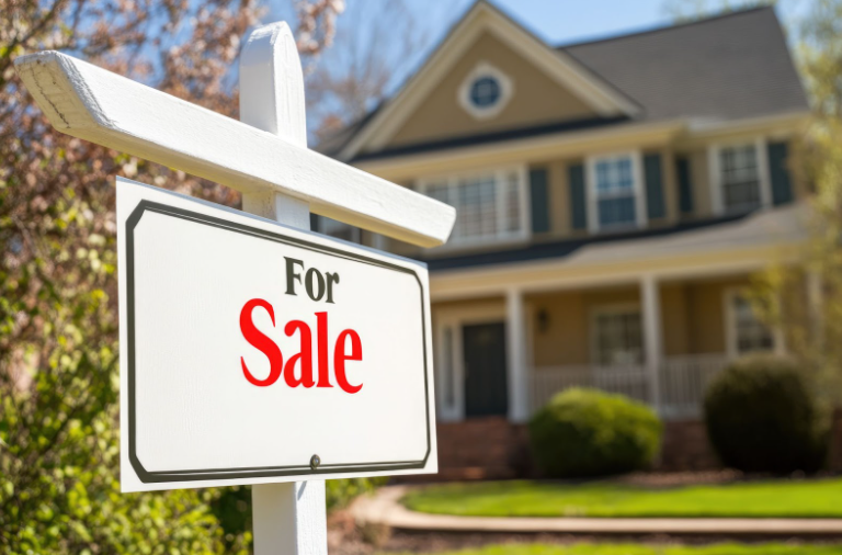 A for sale sign is in front of a house.