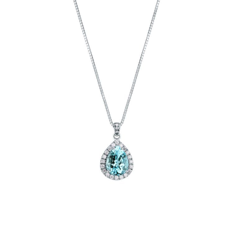 Collana d’argento con un pendente azzurro a forma di goccia circondato da pietre trasparenti