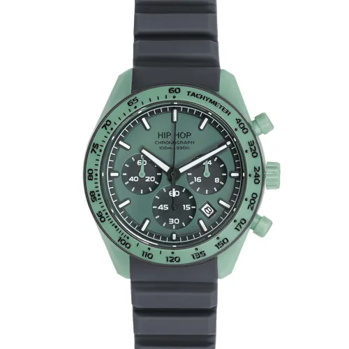 Orologio da polso analogico digitale nero e verde con cinturino scuro e quadranti secondari del cronometro