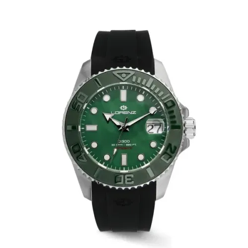 Orologio da polso con quadrante verde, cinturino nero e lunetta argentata, con la data 27.