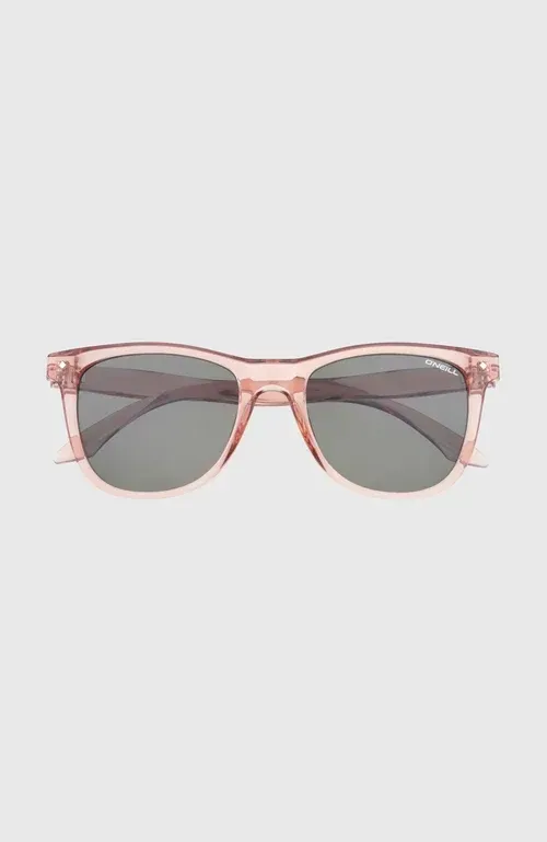 Occhiali da sole con montatura rosa e lenti grigio scuro su sfondo bianco