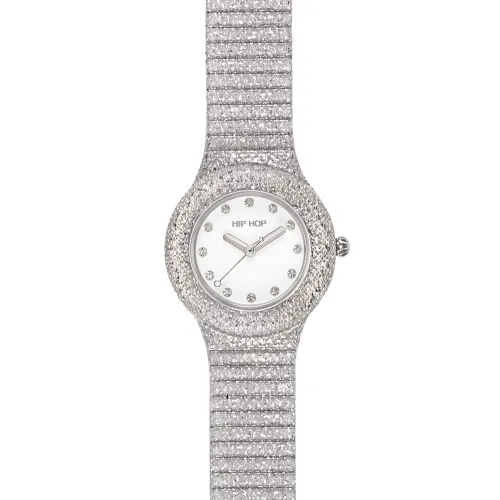 Orologio da polso in argento tempestato di diamanti, con quadrante bianco e cinturino in argento